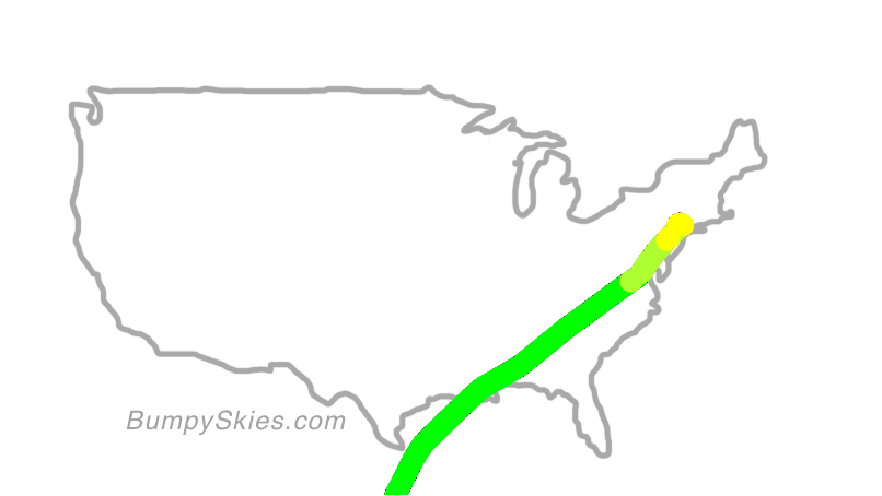 Map of continental US with illustrated flight path and turbulence forecast (described in text below)