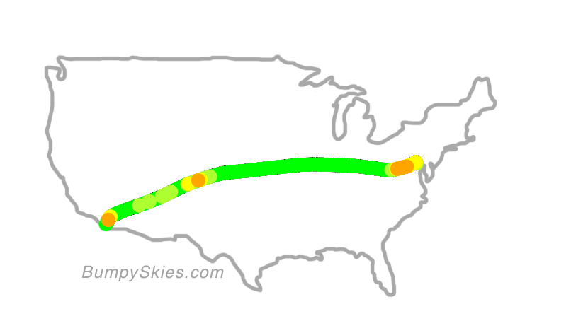 Map of continental US with illustrated flight path and turbulence forecast (described in text below)