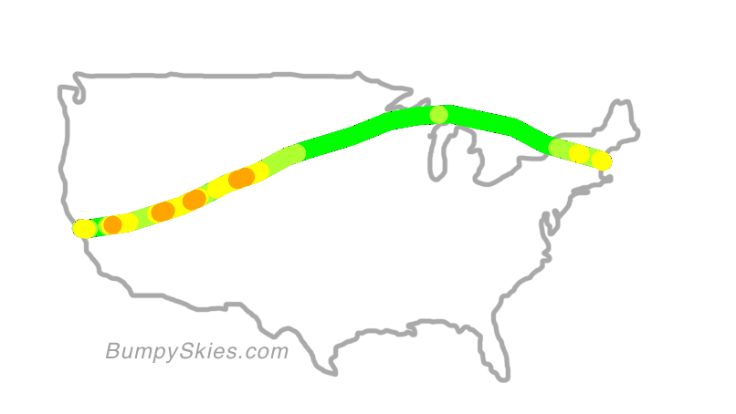 Map of continental US with illustrated flight path and turbulence forecast (described in text below)