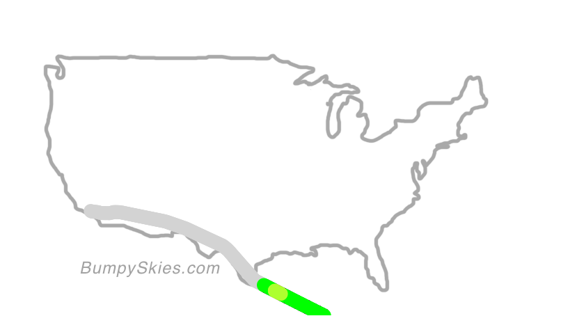 Map of continental US with illustrated flight path and turbulence forecast (described in text below)