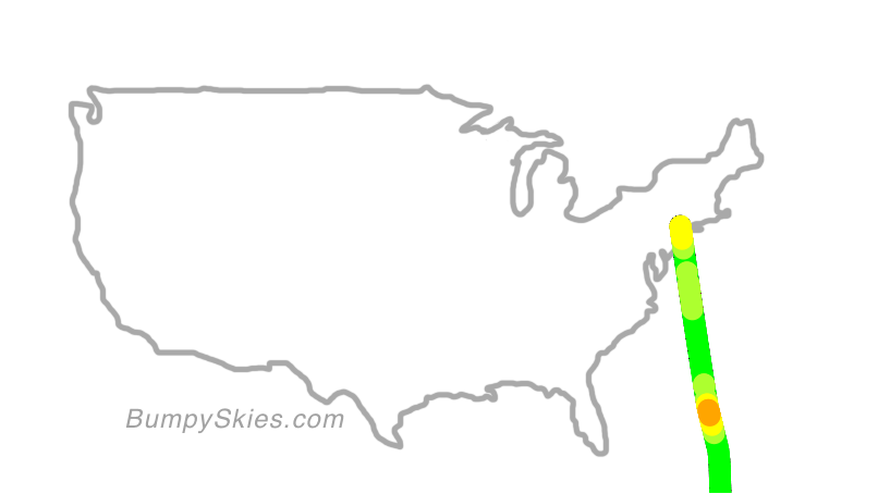 Map of continental US with illustrated flight path and turbulence forecast (described in text below)
