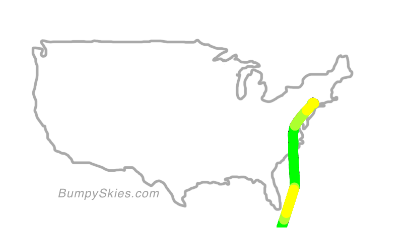 Map of continental US with illustrated flight path and turbulence forecast (described in text below)