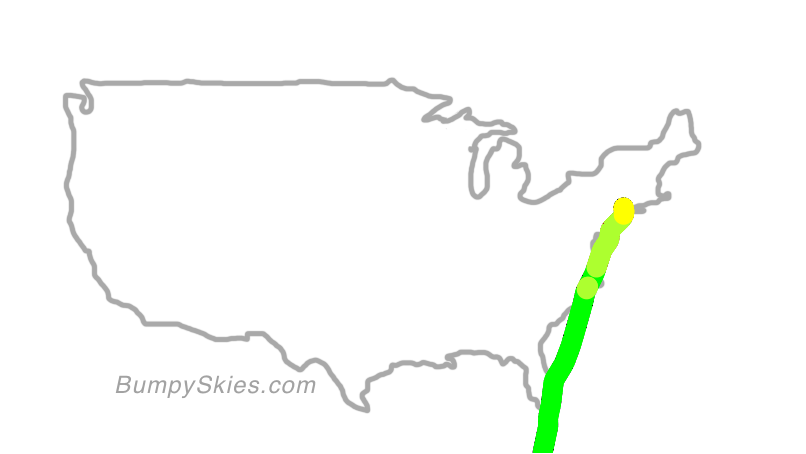 Map of continental US with illustrated flight path and turbulence forecast (described in text below)