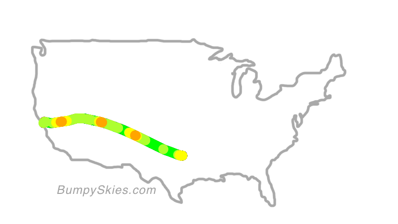 Map of continental US with illustrated flight path and turbulence forecast (described in text below)