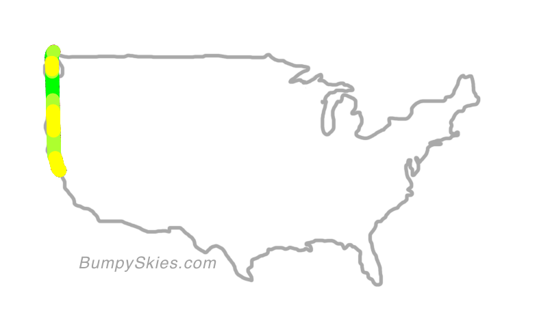 Map of continental US with illustrated flight path and turbulence forecast (described in text below)