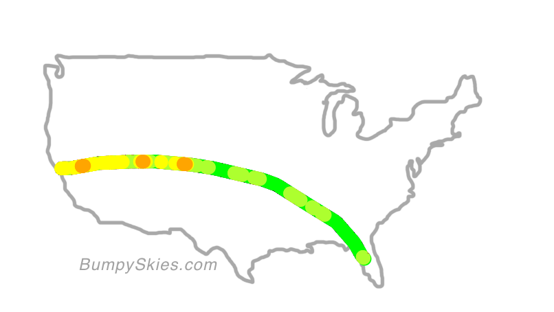 Map of continental US with illustrated flight path and turbulence forecast (described in text below)
