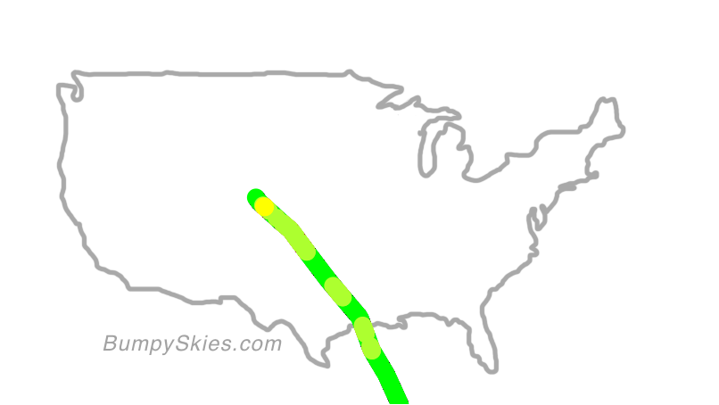 Map of continental US with illustrated flight path and turbulence forecast (described in text below)
