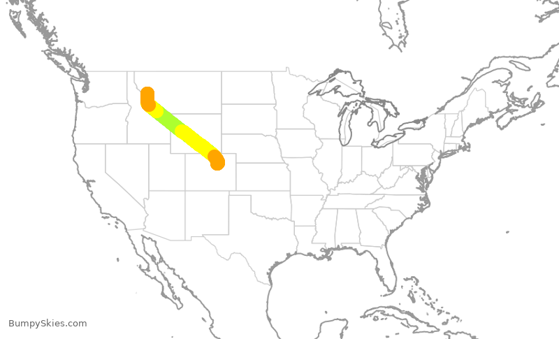 Map of continental US with illustrated flight path and turbulence forecast (described in text below)