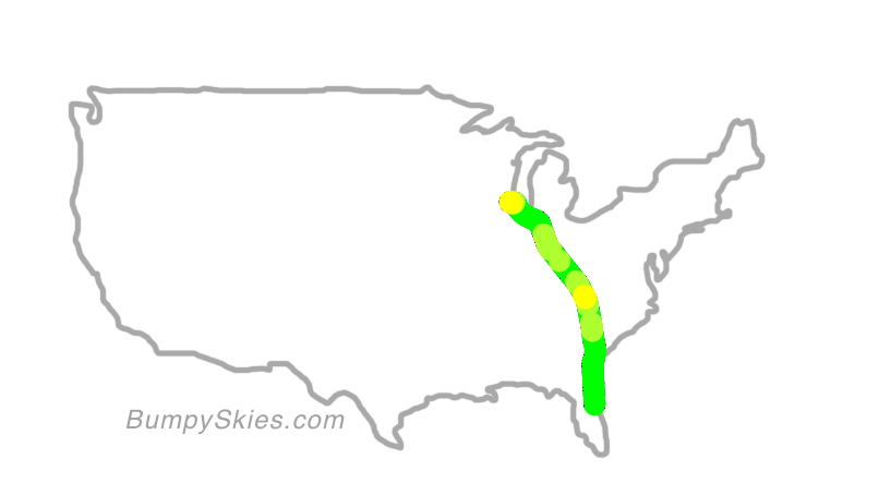 Map of continental US with illustrated flight path and turbulence forecast (described in text below)
