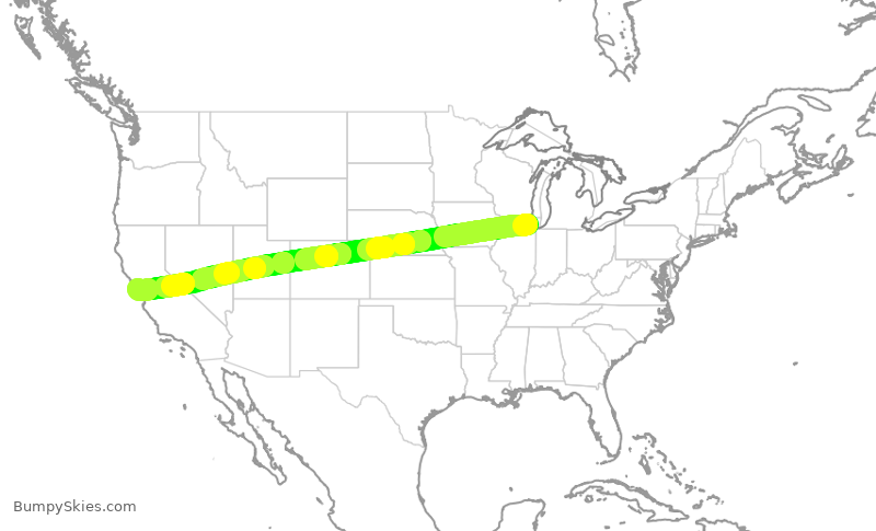 Map of continental US with illustrated flight path and turbulence forecast (described in text below)