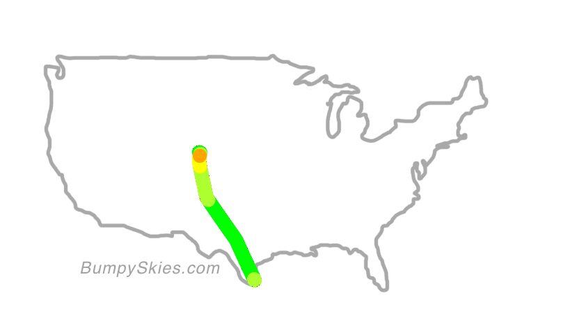 Map of continental US with illustrated flight path and turbulence forecast (described in text below)