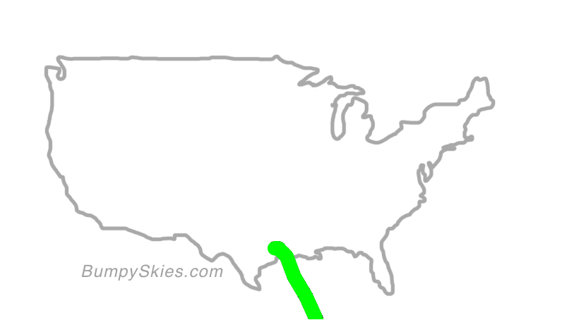 Map of continental US with illustrated flight path and turbulence forecast (described in text below)