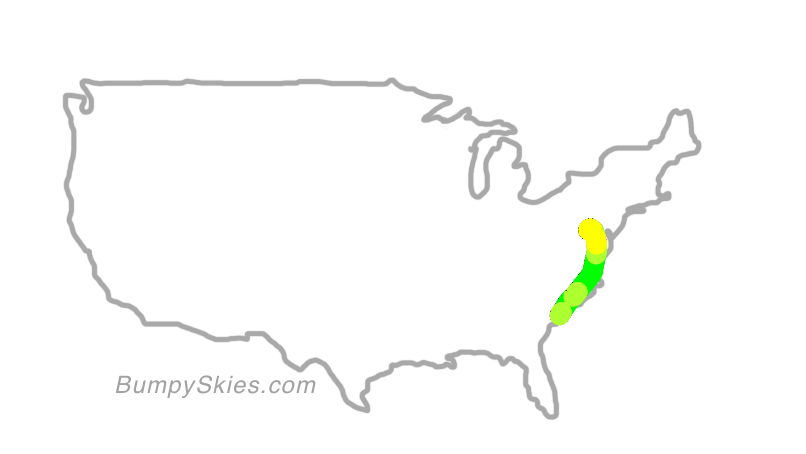 Map of continental US with illustrated flight path and turbulence forecast (described in text below)
