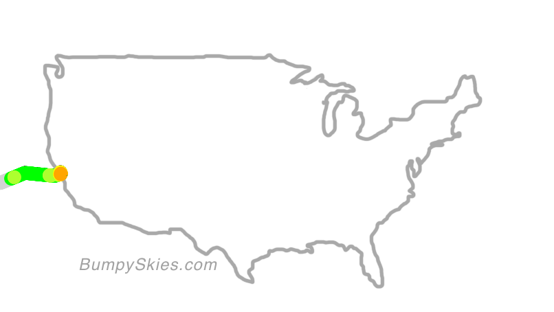 Map of continental US with illustrated flight path and turbulence forecast (described in text below)