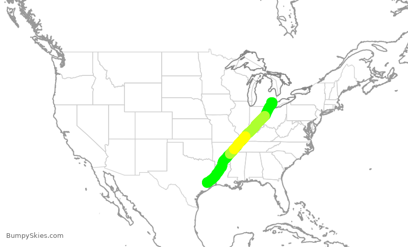 Turbulence forecast map for UAL1114, DTW to IAH