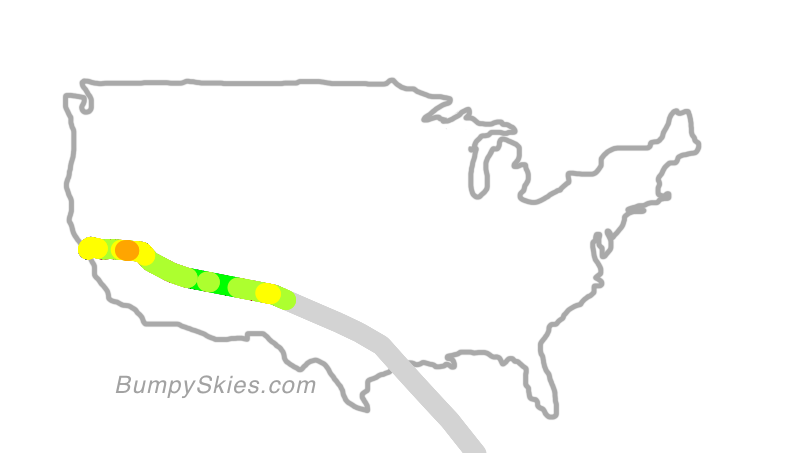 Map of continental US with illustrated flight path and turbulence forecast (described in text below)