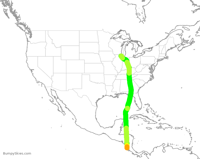 Turbulence forecast map for UAL1121, RLB to ORD