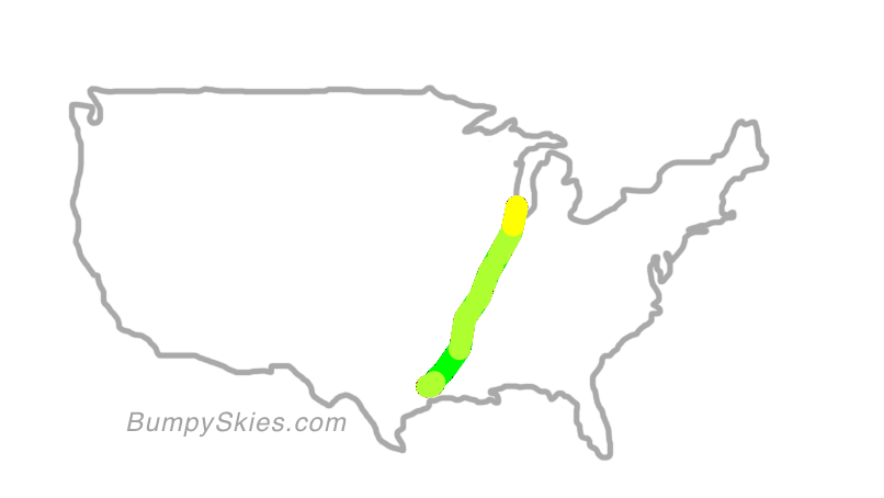 Map of continental US with illustrated flight path and turbulence forecast (described in text below)