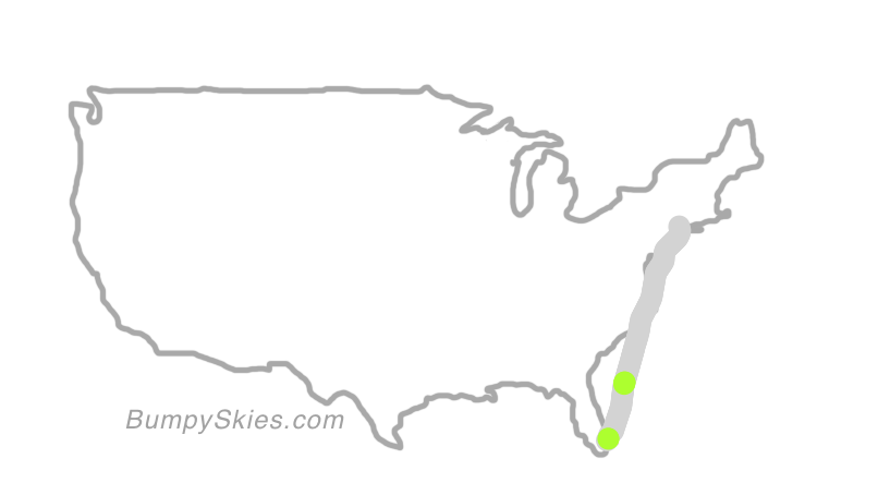 Map of continental US with illustrated flight path and turbulence forecast (described in text below)