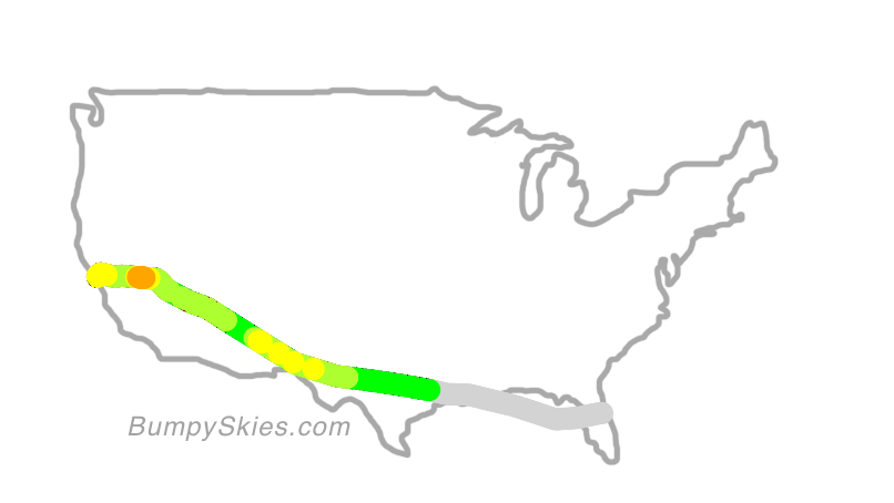 Map of continental US with illustrated flight path and turbulence forecast (described in text below)