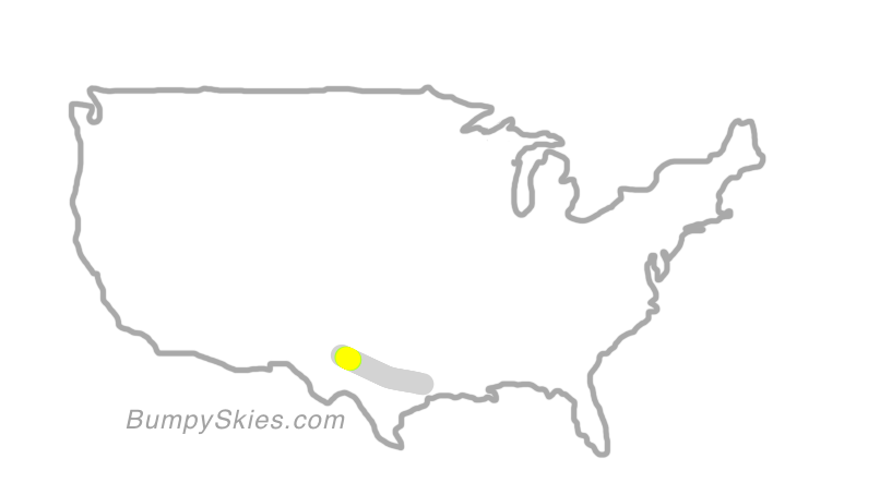 Map of continental US with illustrated flight path and turbulence forecast (described in text below)