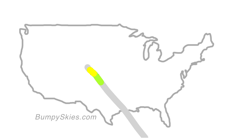 Map of continental US with illustrated flight path and turbulence forecast (described in text below)