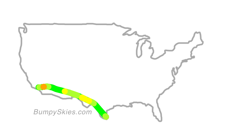 Map of continental US with illustrated flight path and turbulence forecast (described in text below)