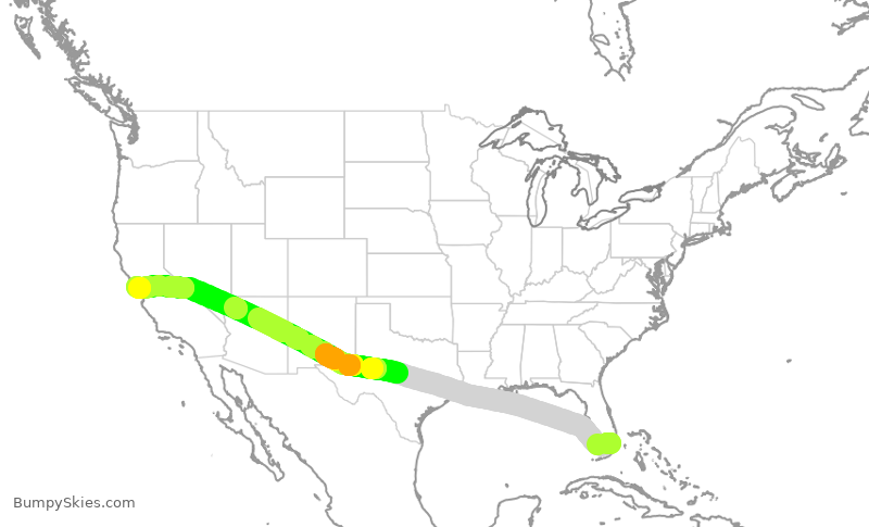 Turbulence forecast map for UAL1141, MIA to SFO