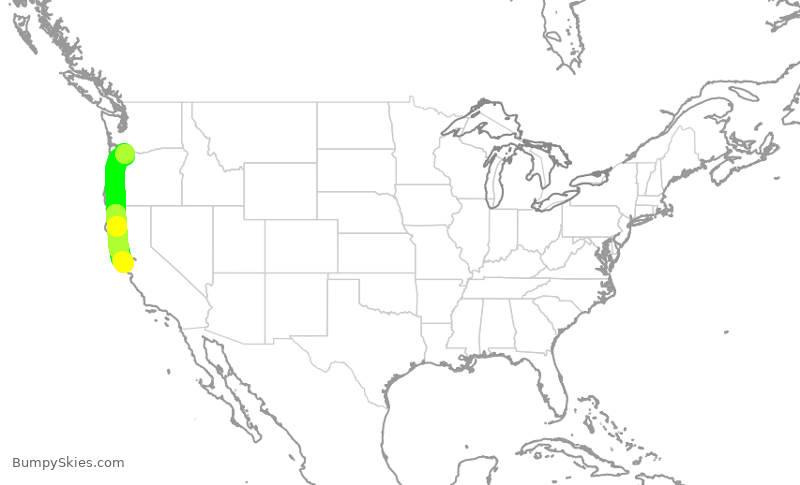 Turbulence forecast map for UAL1145, PDX to SFO