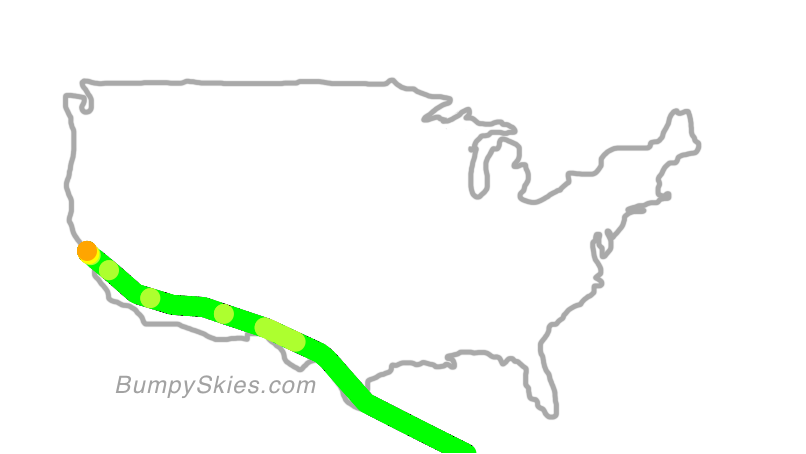 Map of continental US with illustrated flight path and turbulence forecast (described in text below)