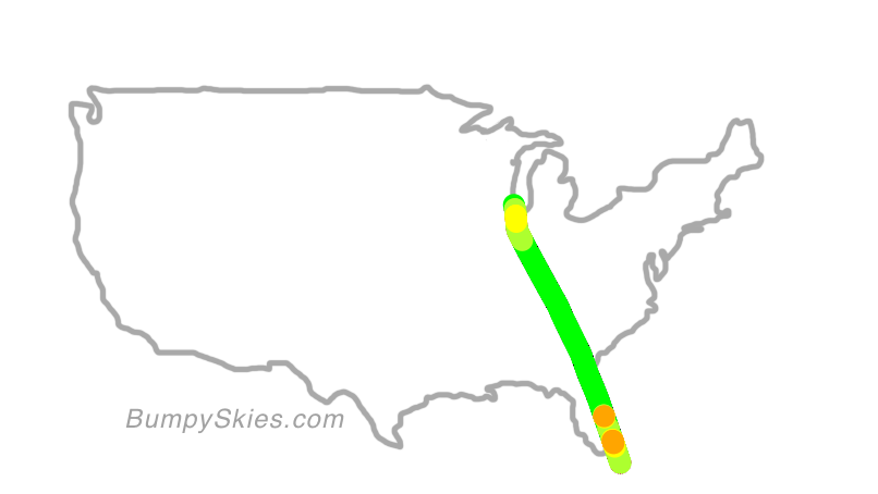 Map of continental US with illustrated flight path and turbulence forecast (described in text below)