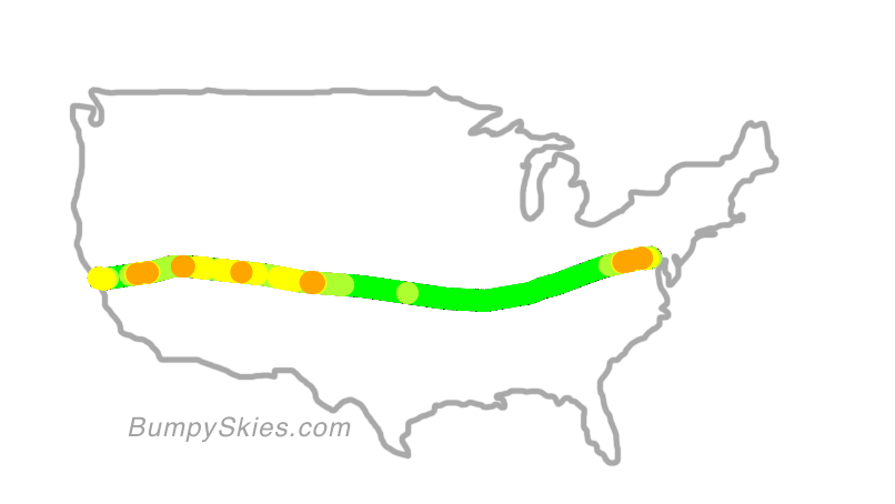Map of continental US with illustrated flight path and turbulence forecast (described in text below)
