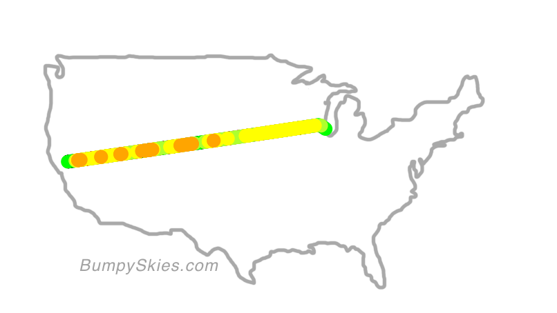 Map of continental US with illustrated flight path and turbulence forecast (described in text below)