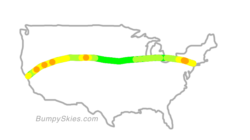 Map of continental US with illustrated flight path and turbulence forecast (described in text below)