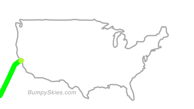 Map of continental US with illustrated flight path and turbulence forecast (described in text below)