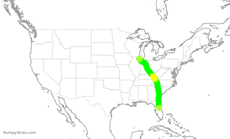Turbulence forecast map for UAL1150, MCO to ORD