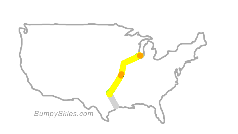 Map of continental US with illustrated flight path and turbulence forecast (described in text below)