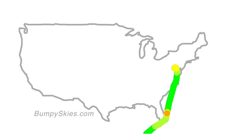 Map of continental US with illustrated flight path and turbulence forecast (described in text below)