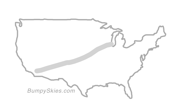 Map of continental US with illustrated flight path and turbulence forecast (described in text below)