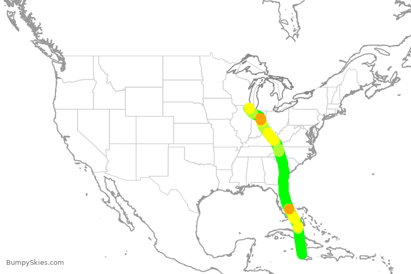 Turbulence forecast map for UAL1160, MBJ to ORD