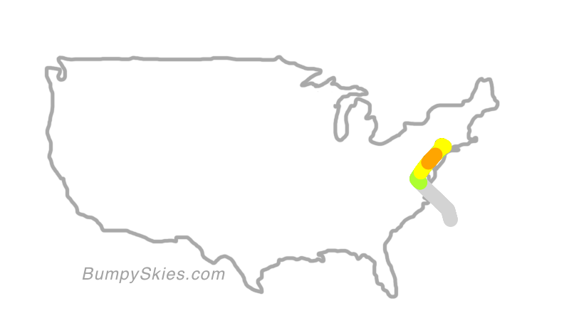 Map of continental US with illustrated flight path and turbulence forecast (described in text below)