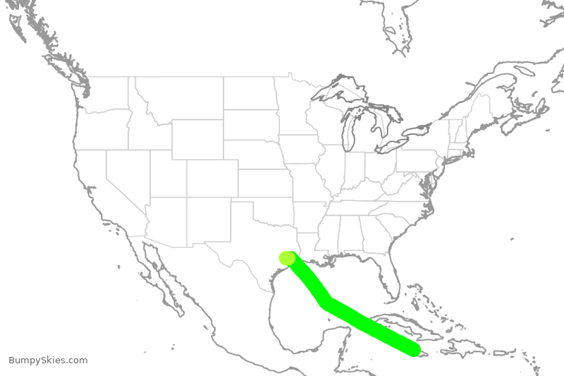 Turbulence forecast map for UAL1164, MBJ to IAH