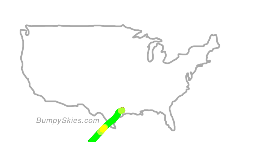 Map of continental US with illustrated flight path and turbulence forecast (described in text below)