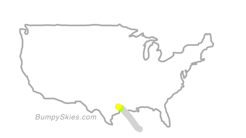 Map of continental US with illustrated flight path and turbulence forecast (described in text below)