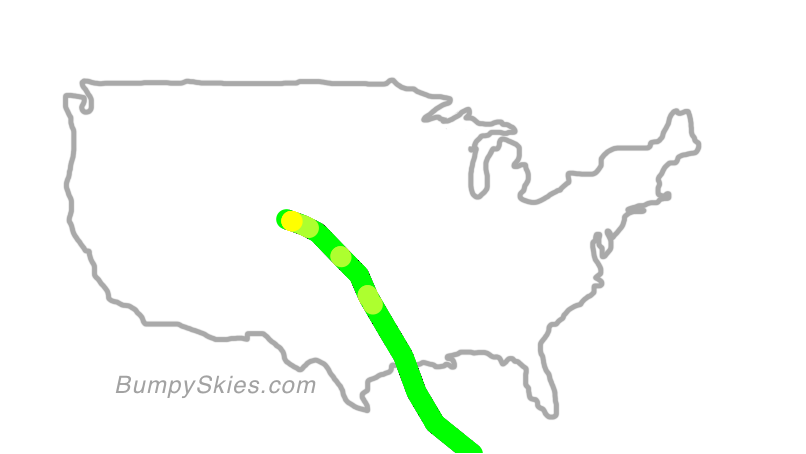 Map of continental US with illustrated flight path and turbulence forecast (described in text below)