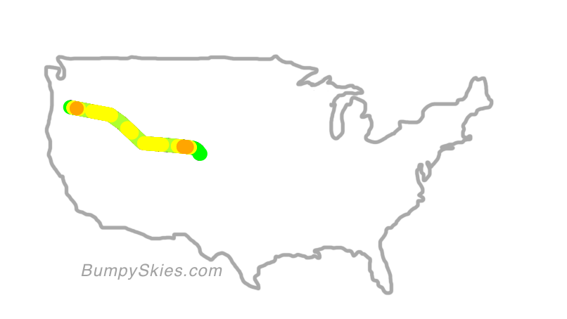 Map of continental US with illustrated flight path and turbulence forecast (described in text below)