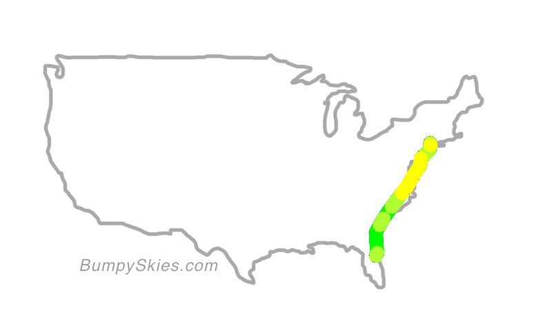 Map of continental US with illustrated flight path and turbulence forecast (described in text below)