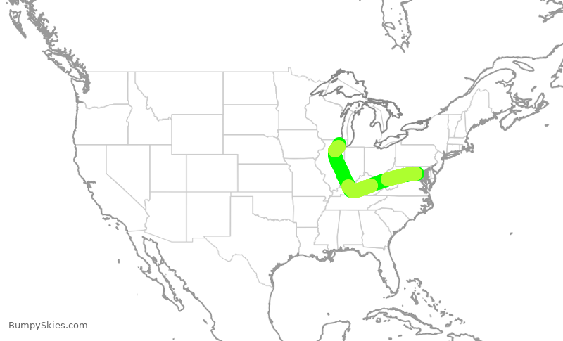 Turbulence forecast map for UAL1193, DCA to ORD