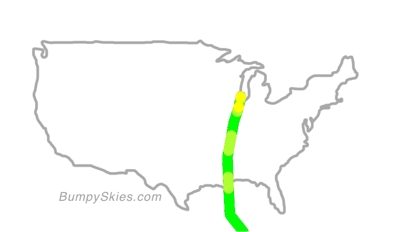 Map of continental US with illustrated flight path and turbulence forecast (described in text below)