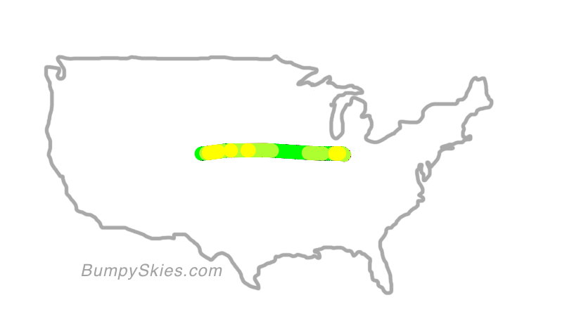 Map of continental US with illustrated flight path and turbulence forecast (described in text below)
